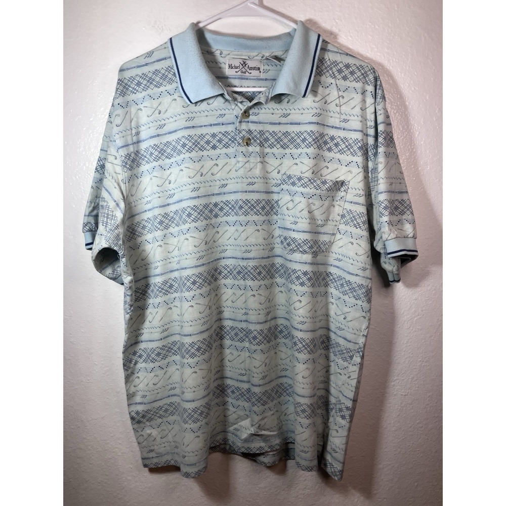 Vintage 90s Michael Austin Polo Shirt Mens L Golf Clubs All Over Print Striped